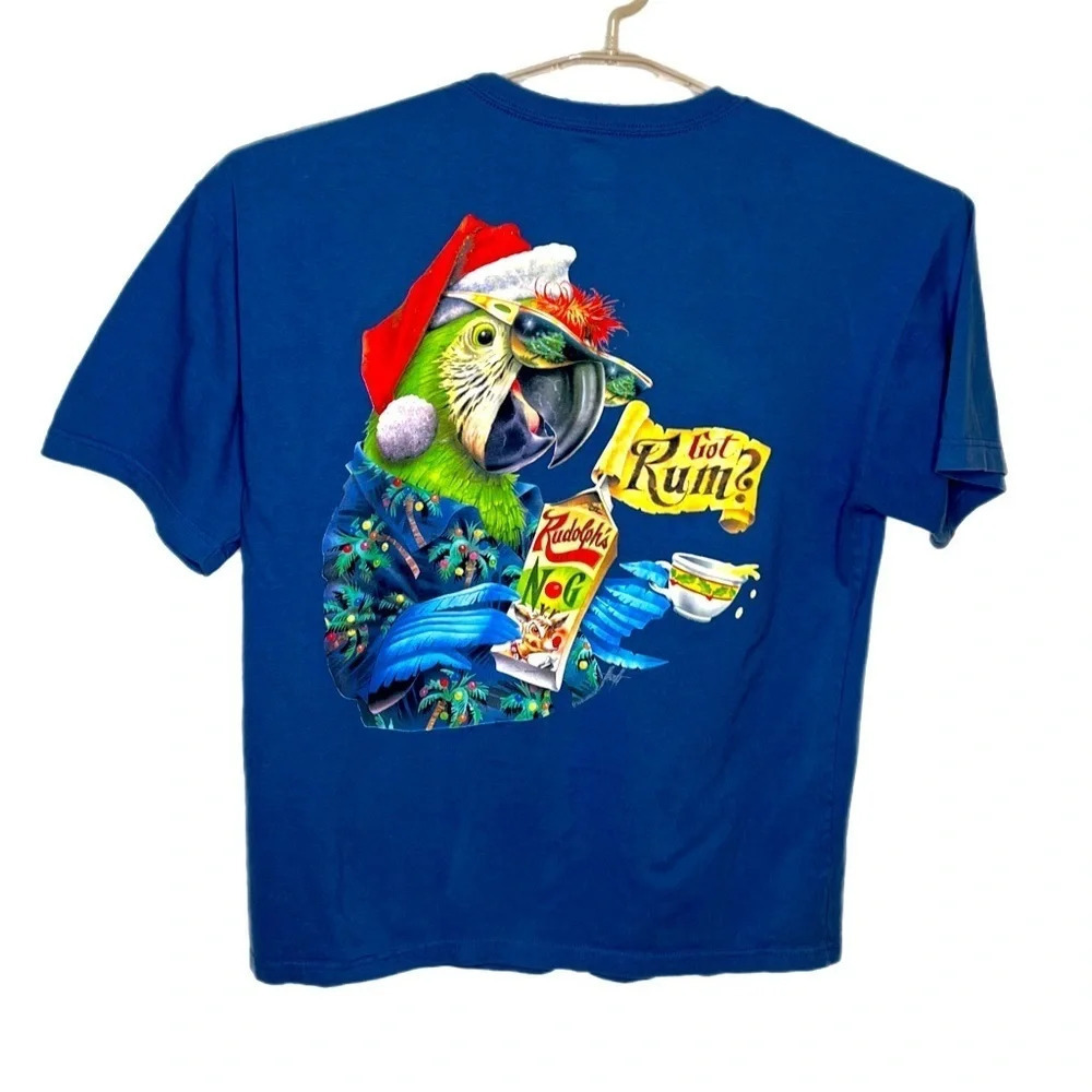 Goin Costal tee parrot on back with Santa Hat.  So cute.  Size L or XL.